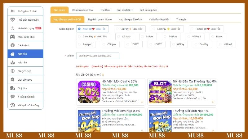 Thanh toán MU88 qua online